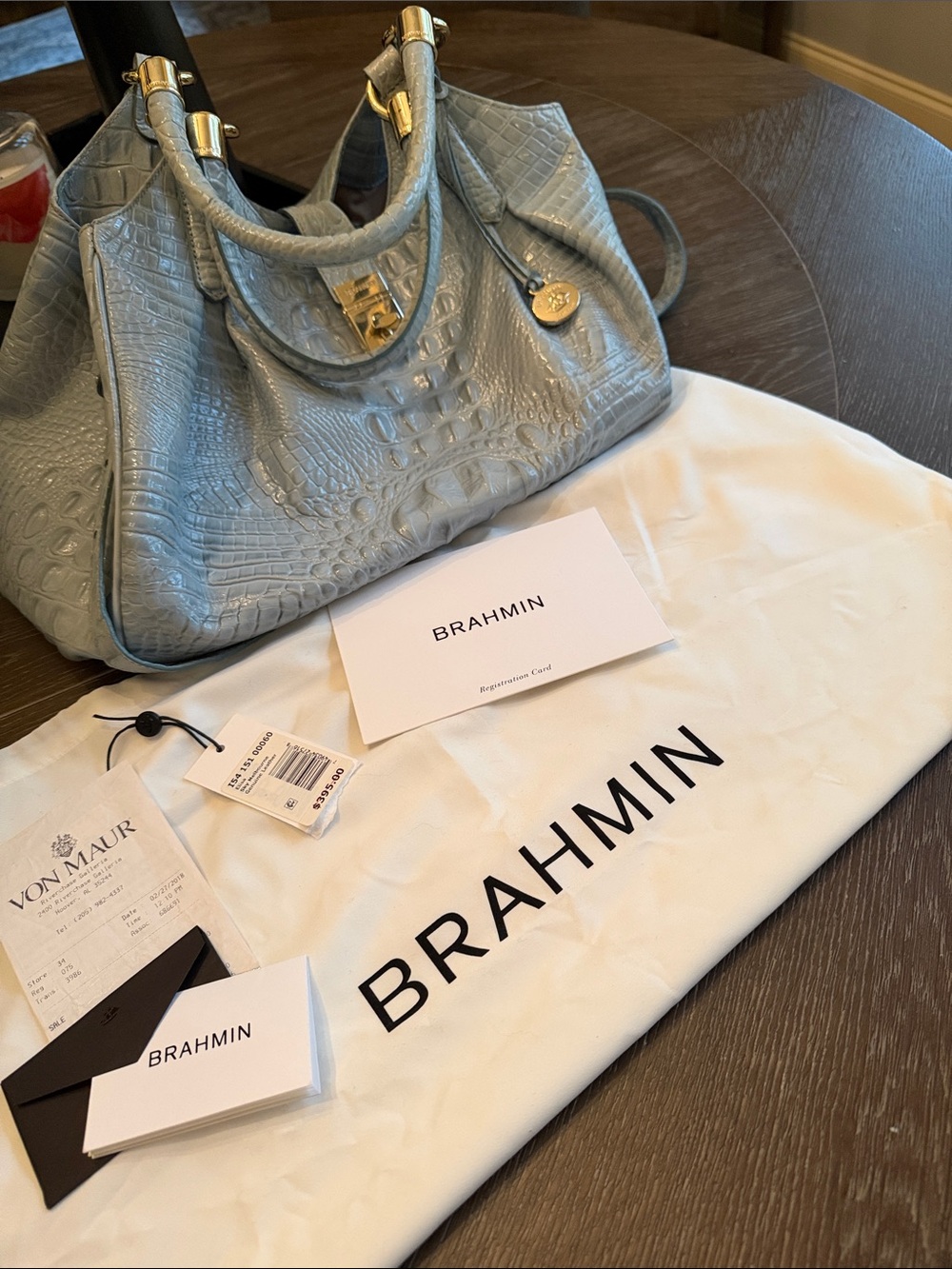 Brahmin Light Blue Croc-Embossed Leather Satchel with Gold Hardware